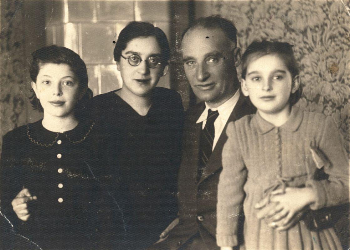 The Abel family after the war. From left to right: Martha’s sister, Eta, her mother, Sari, her father, Ödön, and Martha. Cluj, Romania, circa 1946.